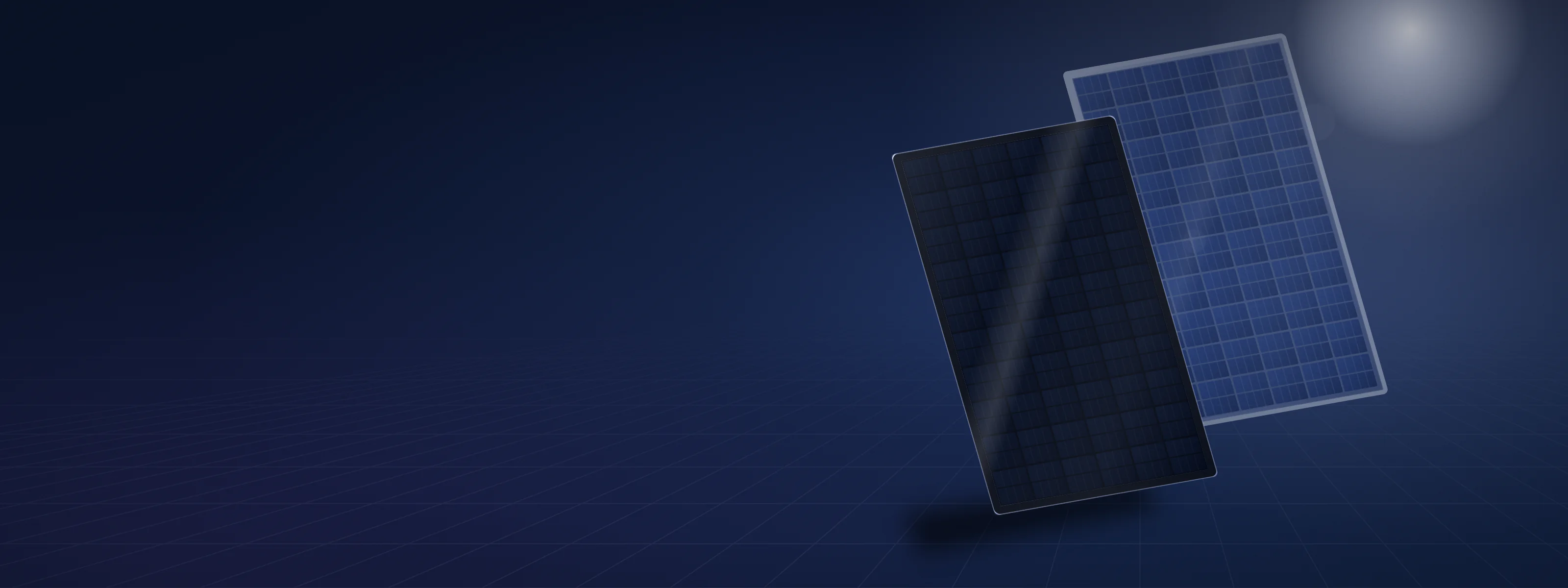 A dark solar module with a black frame and no visible grid between its cells, in front of the faint outline of a standard module with a silver frame and white gaps
