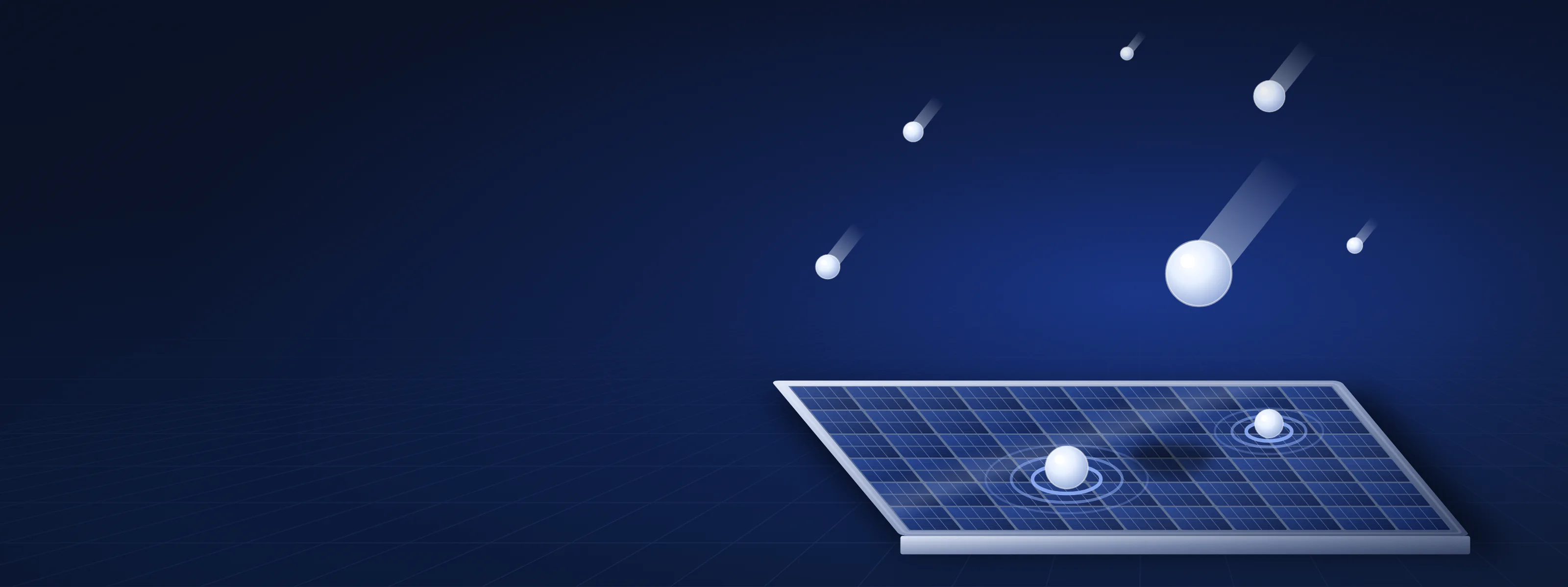 Illustration of ice balls of several sizes falling onto the glass of a solar module, rings spreading out across the glass where two of them strike