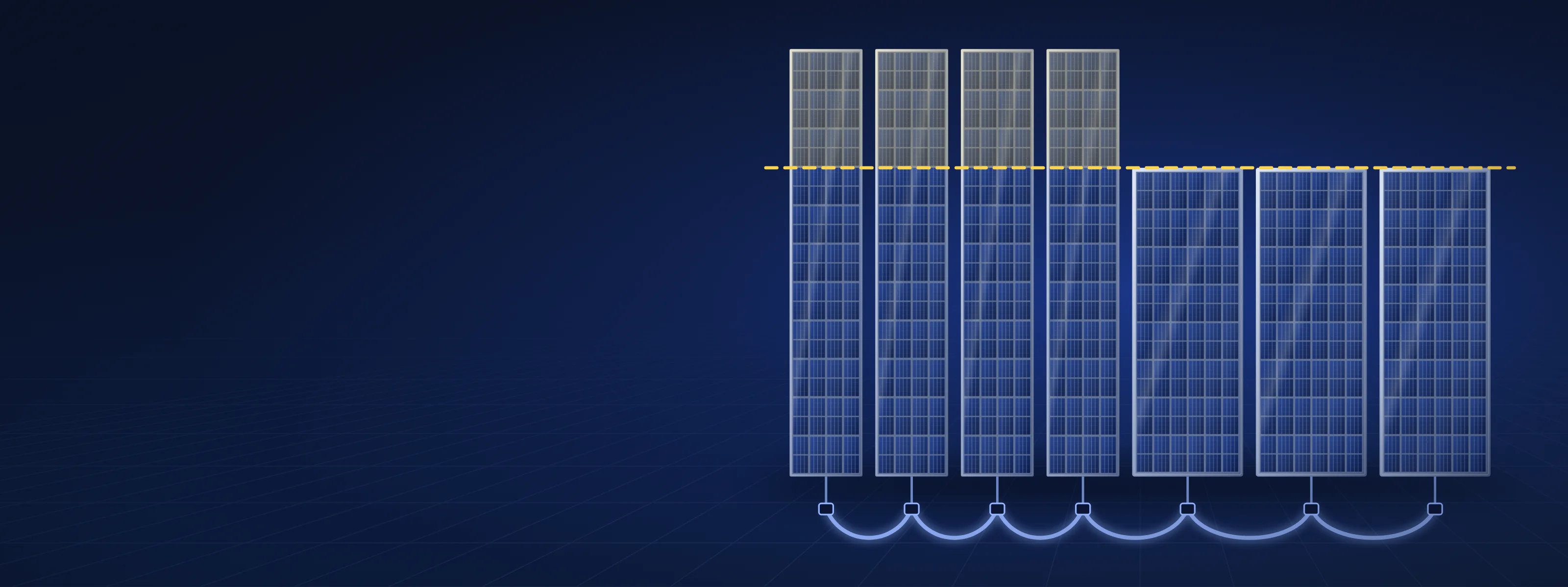 A chain of solar modules in two different sizes wired in one string, with a dashed line across them at the height of the smaller ones