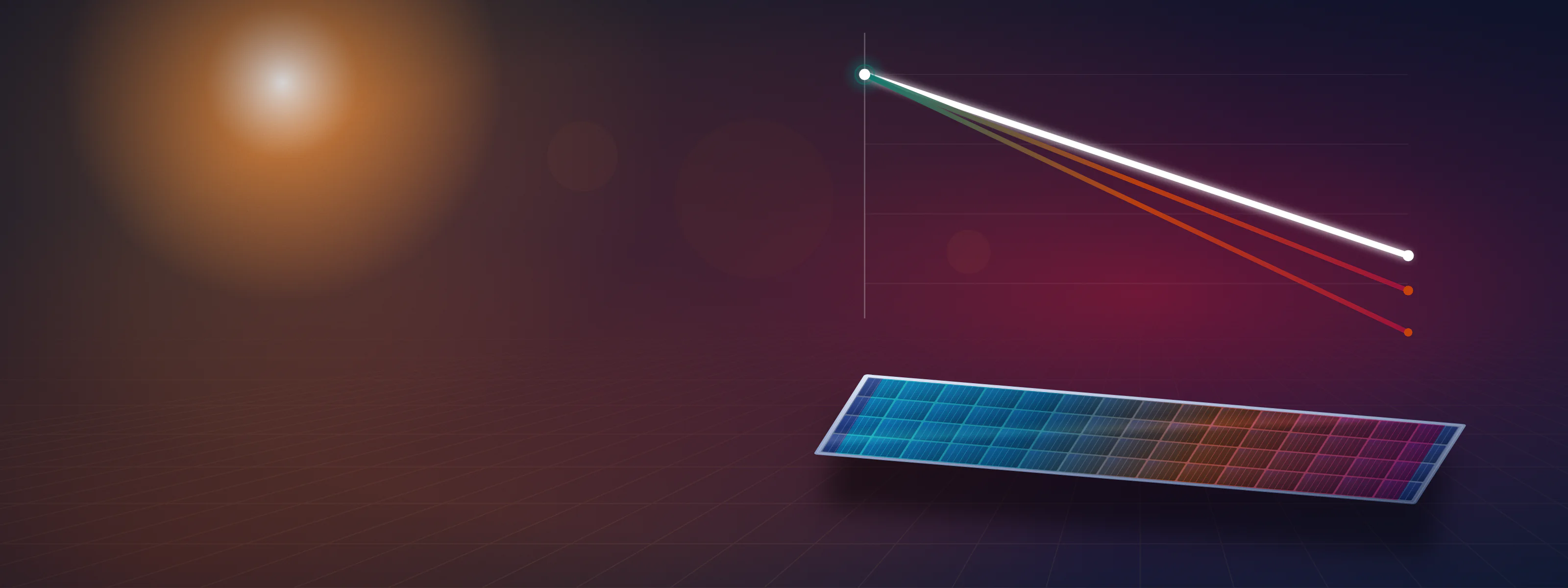 Illustration of three power lines falling at different slopes across a band of solar cells that shades from cool teal to hot red