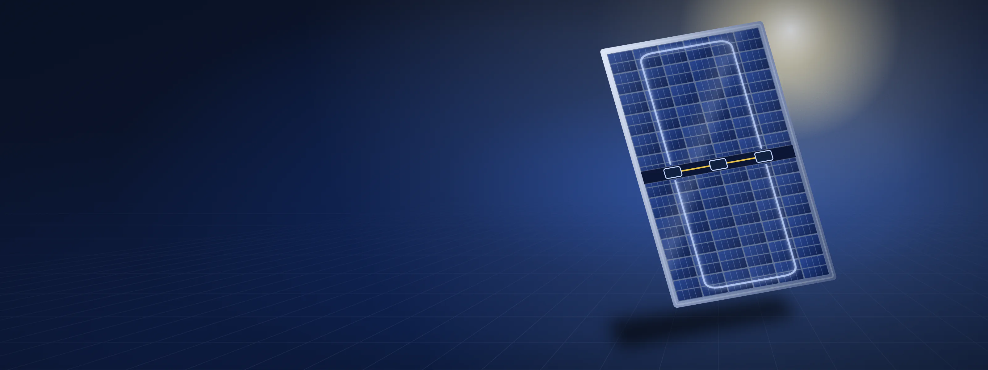 Illustration of a solar module whose grid of cells is split into a top and a bottom half by a gap across the middle, with small junction boxes in the gap