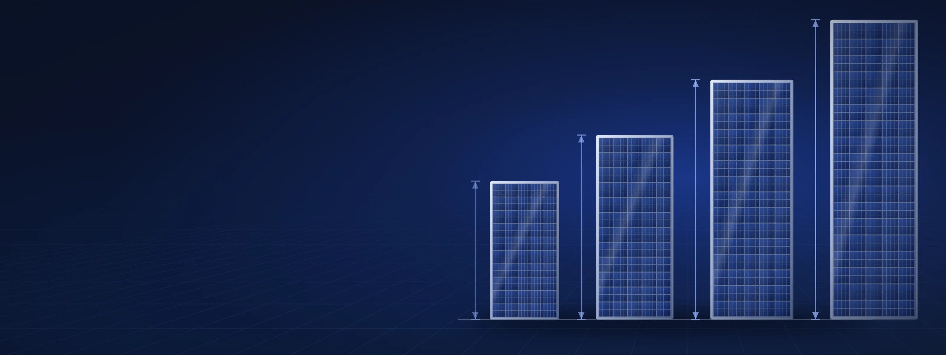 Illustration of four solar modules standing in a row from small to tall, with dimension lines marking their heights