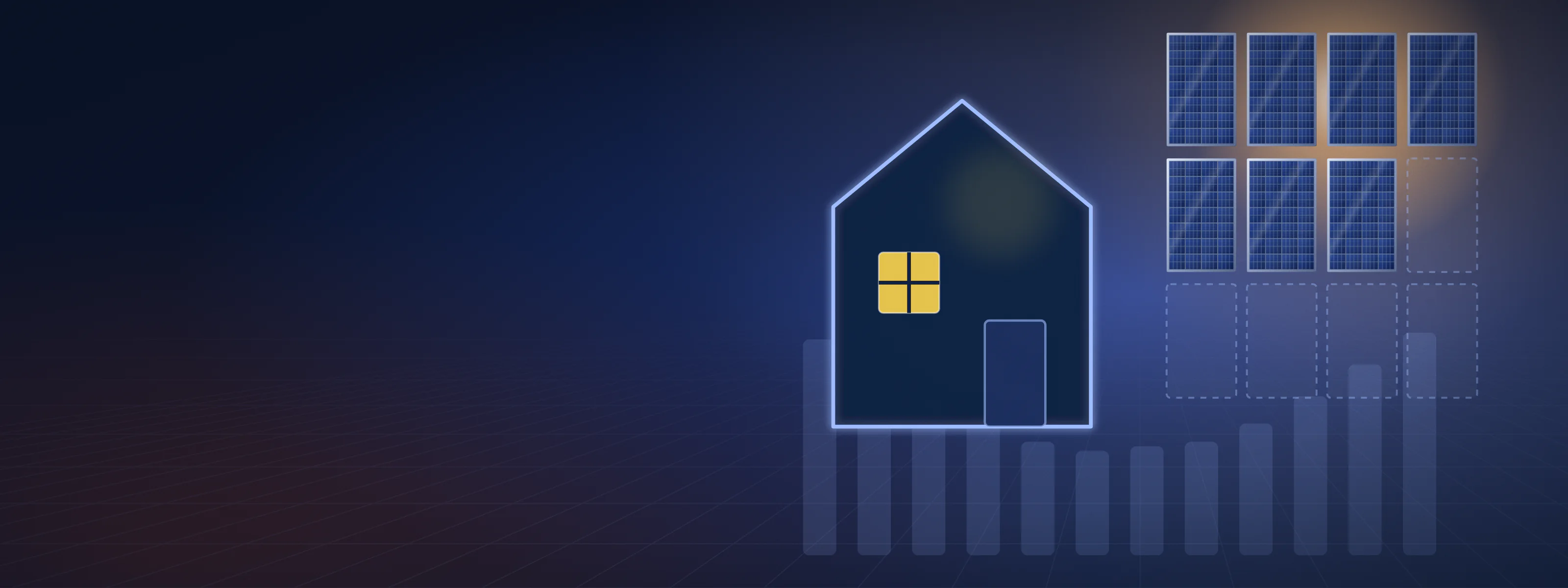 Illustration of a house outline beside a grid of solar modules, some lit and some dim, over a faint row of monthly consumption bars