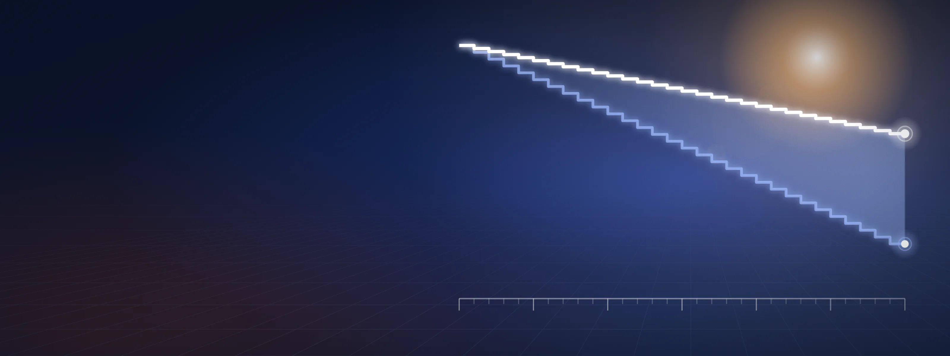 Illustration of two glowing staircase lines stepping down from left to right over a dawn sky, the lower one dropping a little faster, with the widening gap between them shaded