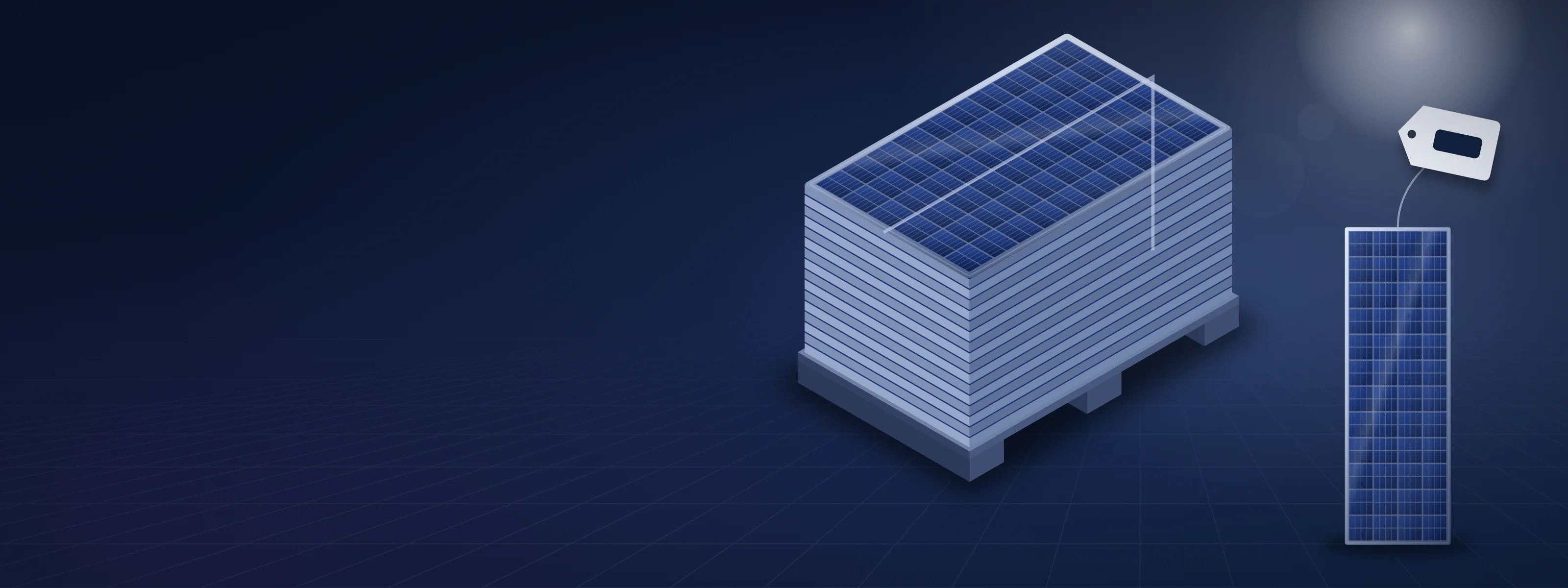 Illustration of a tall stack of solar modules on a pallet beside a single module standing upright with a price tag