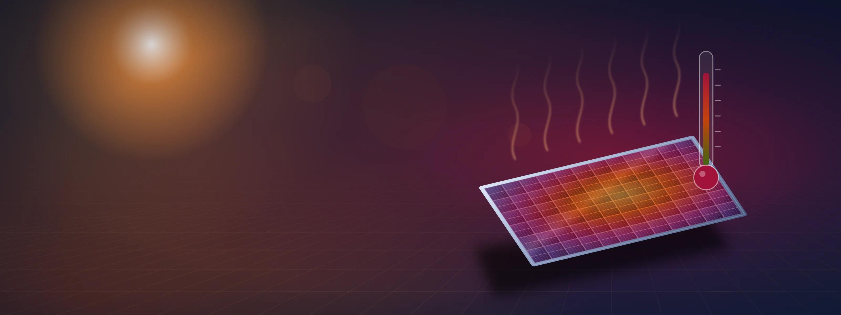 Illustration of a solar module under a low warm sun, its cells glowing orange and red with heat haze rising off the glass