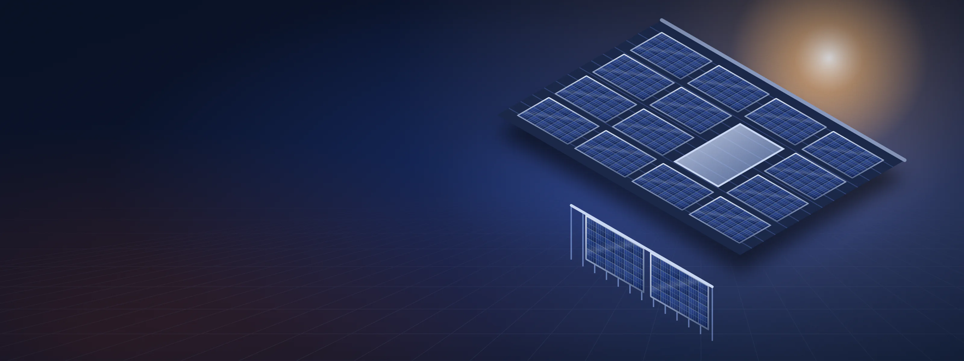 Illustration of a roof plane seen from above at an angle, tiled with modules around a skylight, and a balcony railing with two modules hung on it