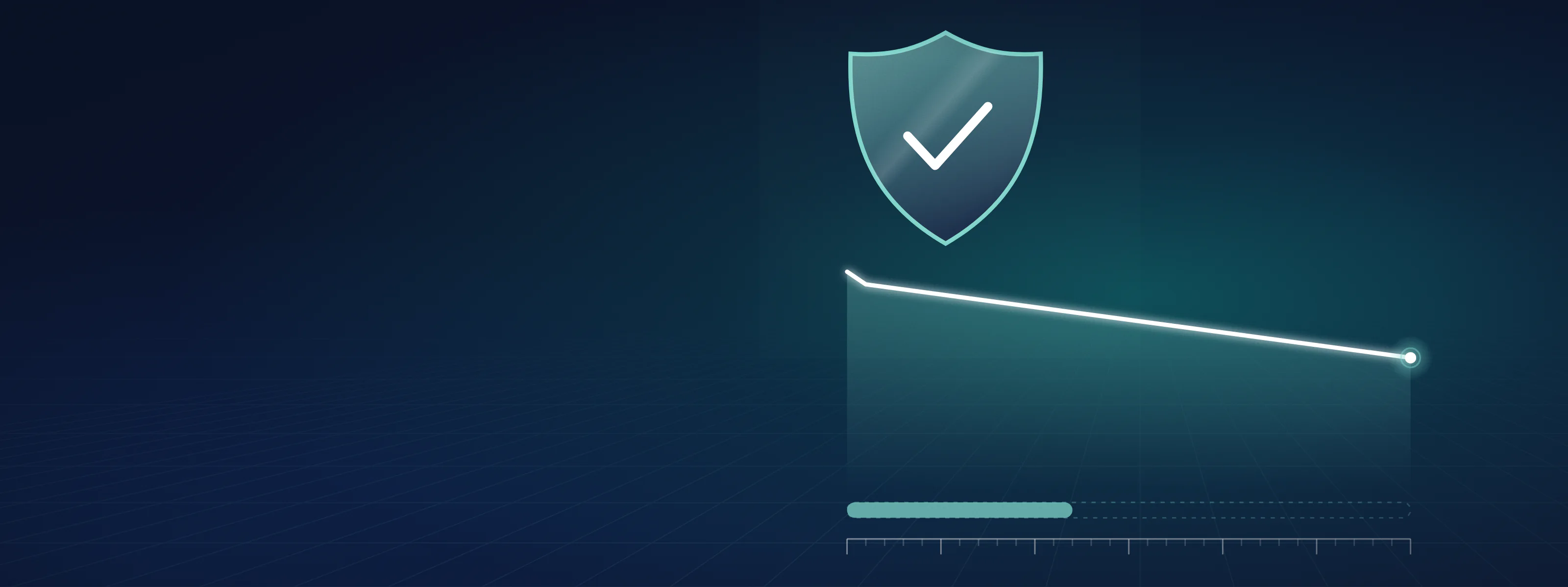 Illustration of a glass shield beside a long timeline on which a power line declines slowly over the years, with a shorter product warranty bar under it