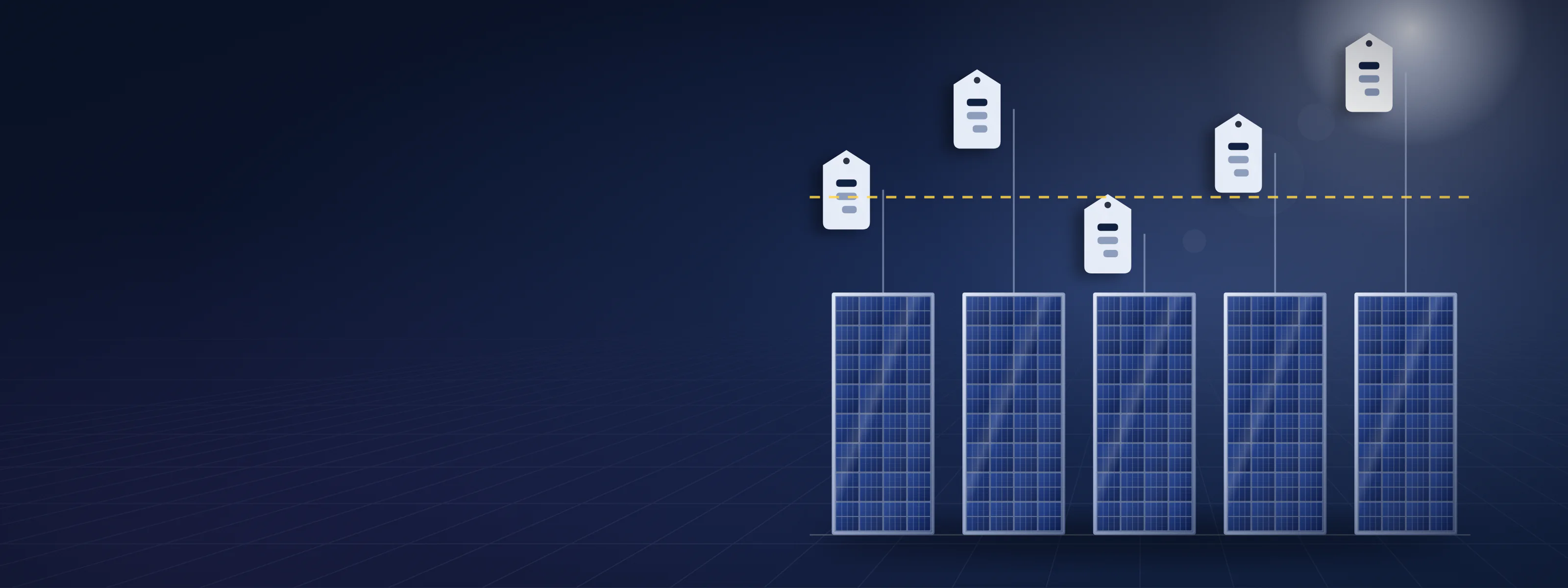Illustration of the same solar module repeated five times, each with a price tag at a different height around a dashed middle line