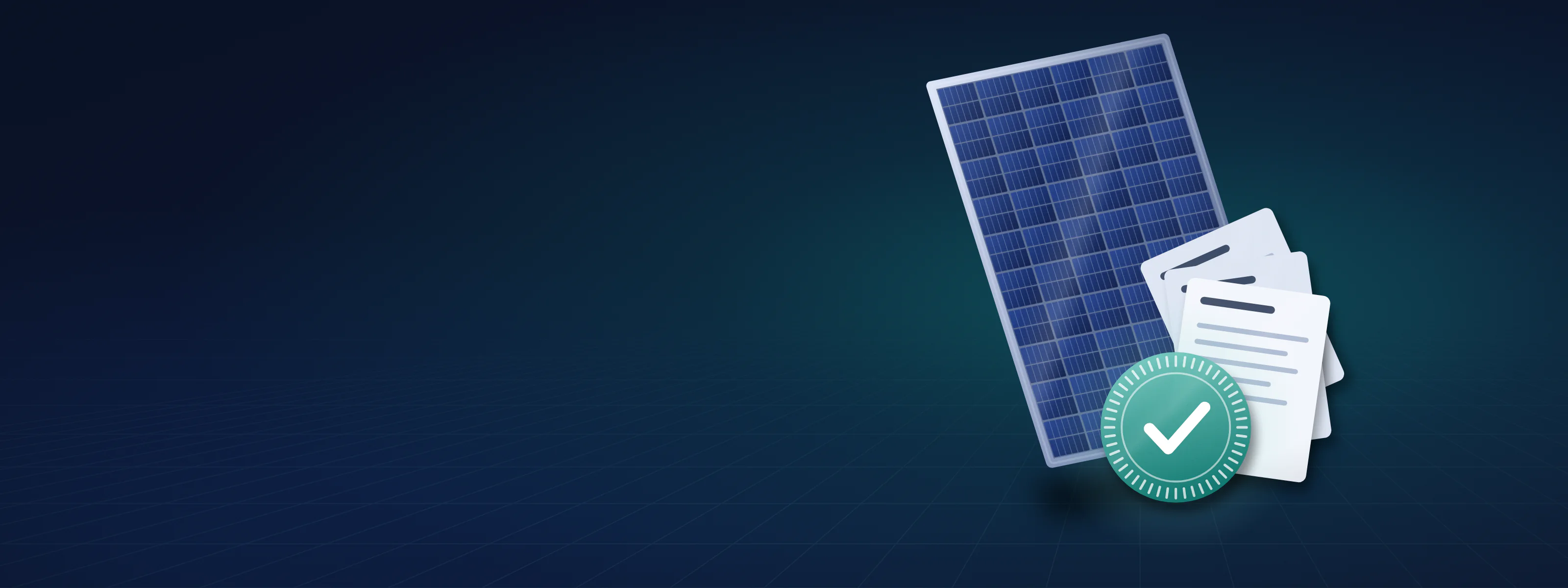 Illustration of a solar module seen at an angle with a round certification seal stamped on its corner, a check mark at its centre and certificate sheets fanned out behind it, drawn in light teal