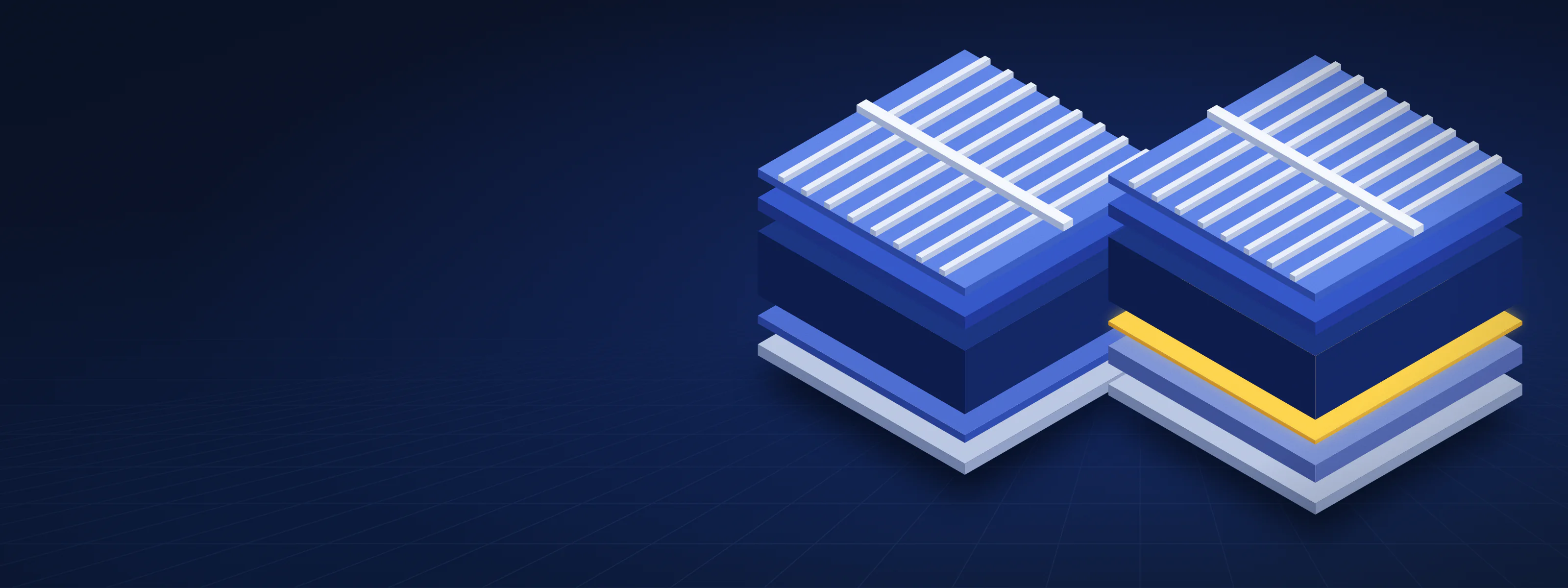 Illustration of two exploded stacks of solar cell layers side by side, the right one with an extra thin glowing layer near its rear