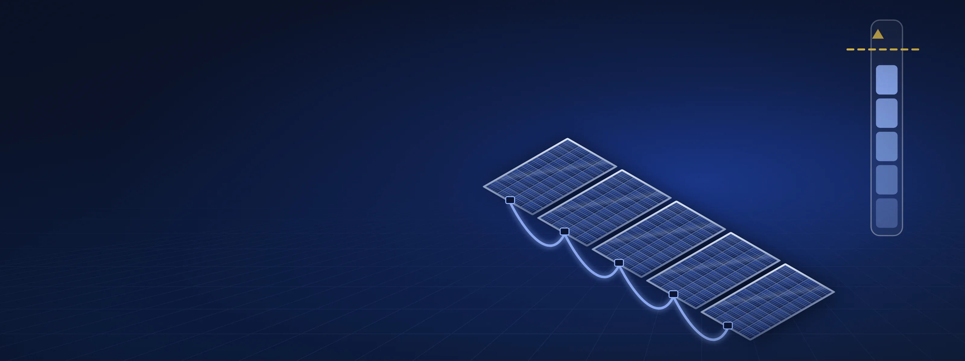 Illustration of five solar modules wired in a row, with a voltage bar beside them climbing one step per module towards a dashed limit line