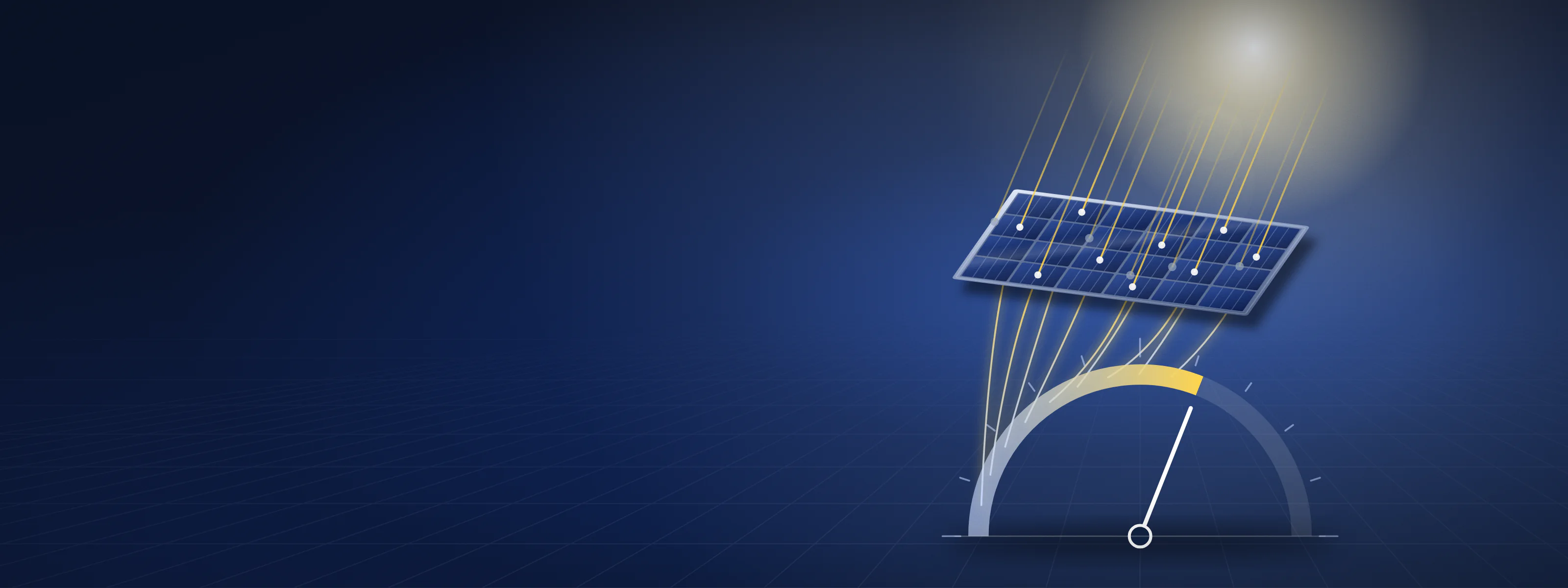 Illustration of sunlight passing through the cells of a tilted solar module into a gauge, while the light that lands on the gaps between cells stops at the glass