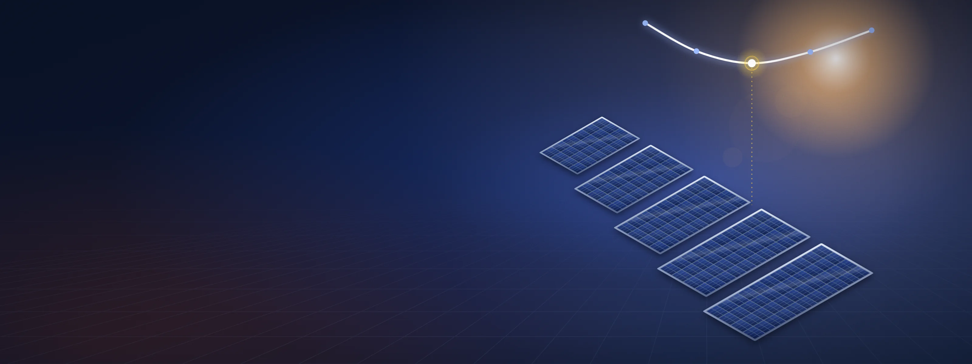 Illustration of solar modules growing in size from left to right under a curve that dips to a glowing lowest point in the middle