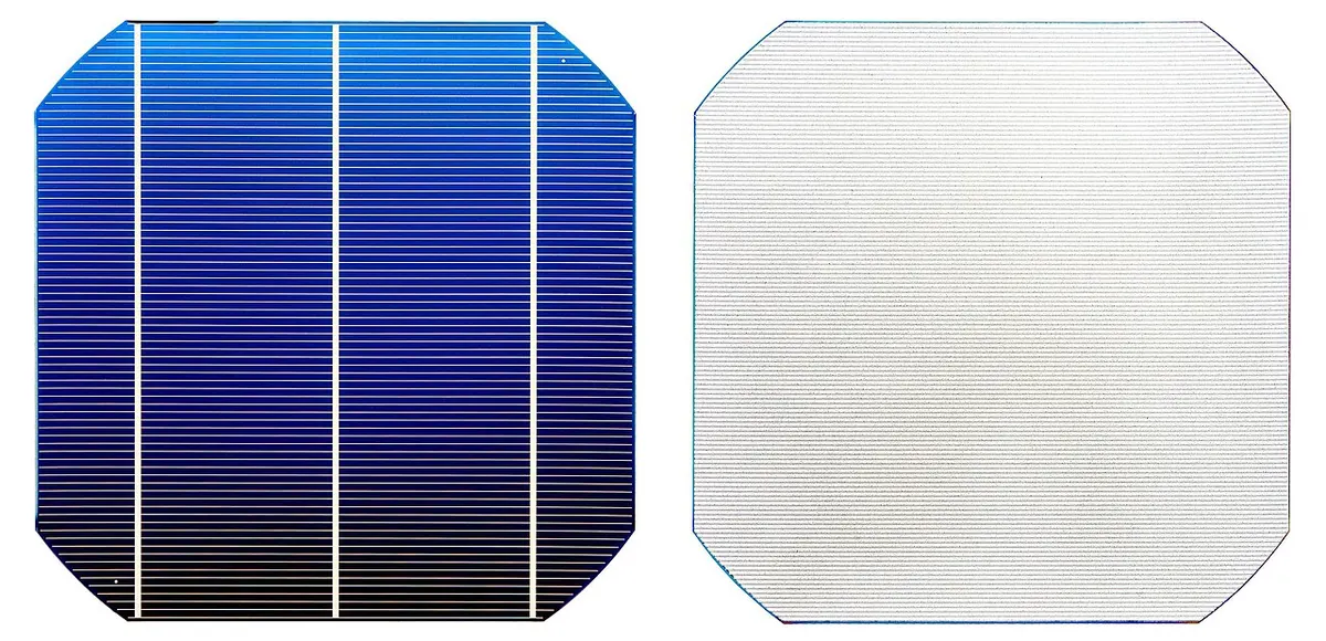 Front and rear of a monocrystalline PERC solar cell side by side, blue front with busbars and fingers, pale rear
