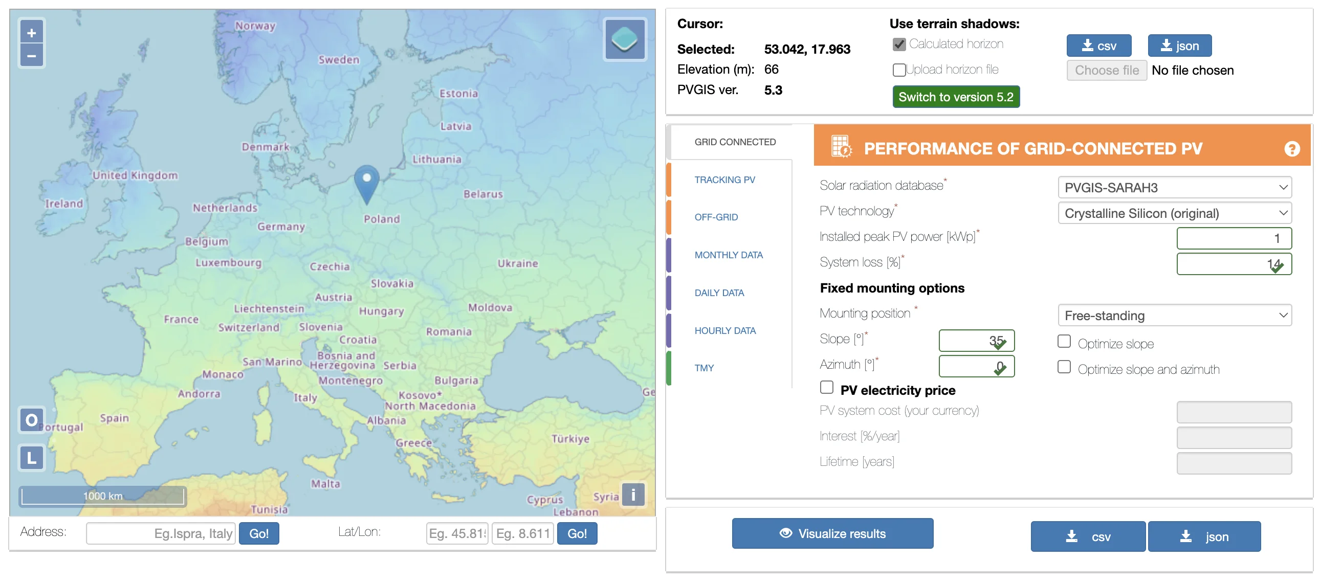 PVGIS interface - location selection and parameters